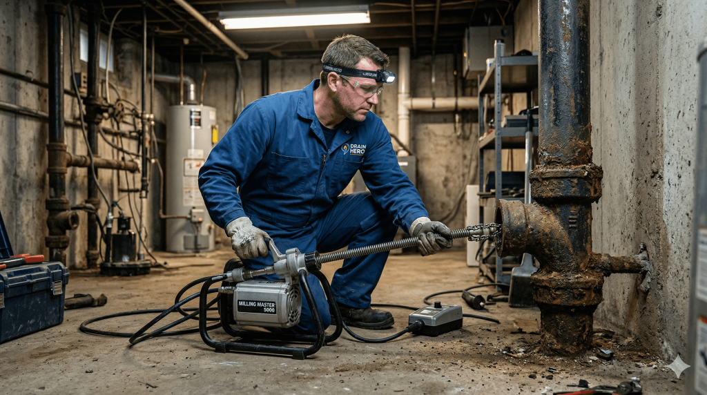 דוגמא של פתיחת סתימות ביוב בשיטת כרסום יבש