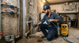 אינסטלטור מבצע תחזוקת ביוב מונעת למניעת סתימות חוזרות