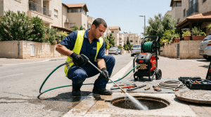 אינסטלטור מקצועי מבצע פתיחת סתימות ביוב בלחץ מים גבוה בשכונת מגורים