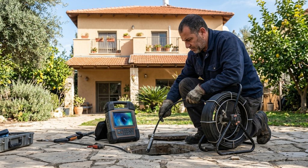אינסטלטור מבצע איתור סתימות ביוב עם מצלמת CCTV בחצר בית בישראל