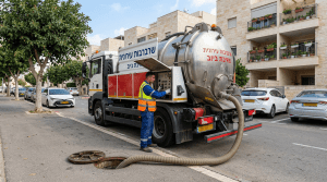 משאית ואקום לפתיחת סתימות ביוב בישראל - אינסטלטור מפעיל צינור יניקה בשוחת ביוב
