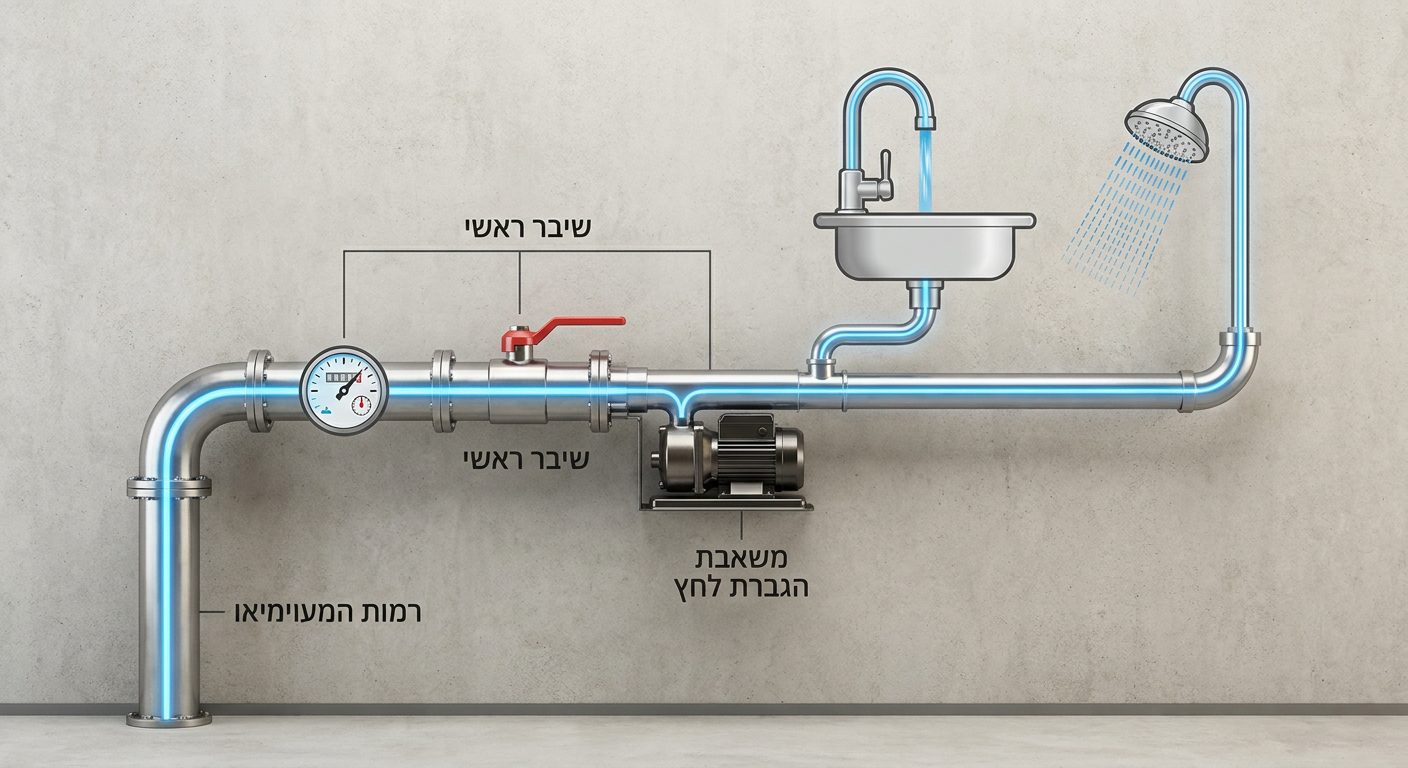 דיאגרמה המציגה את מסלול המים משעון המים העירוני, דרך הצנרת הביתית ומשאבת הגברת לחץ, ועד לברזים