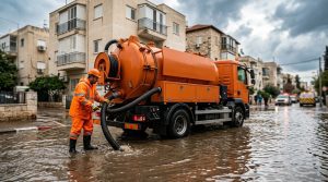 ביובית מקצועית שואבת מי הצפה ברחוב מוצף – רונאל שאיבות ביוב ואינסטלציה