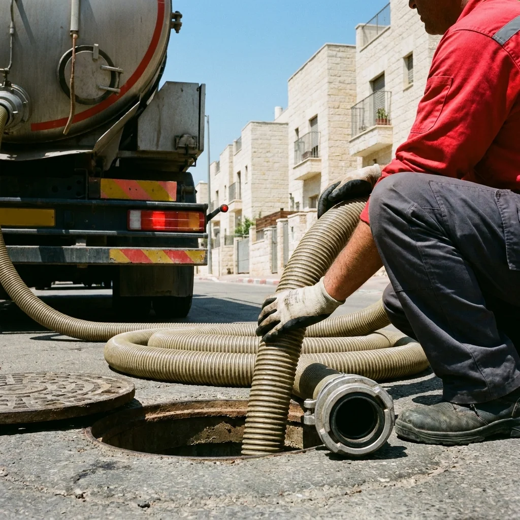 משאית ביובית שואבת ופותחת סתימה בקו ביוב ראשי