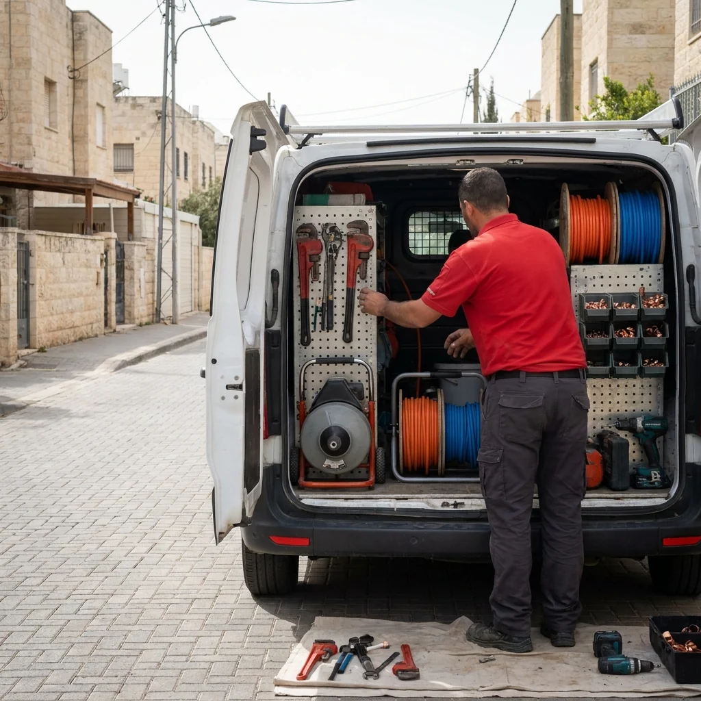 רכב שירות של אינסטלטור עם ציוד מקצועי מלא לכל סוגי העבודות