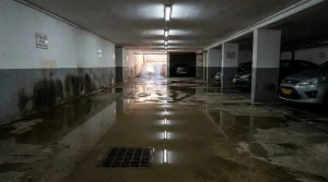 הצפת מים בבניין משותף – מים עומדים על רצפת חניון תת-קרקעי עם סימני רטיבות בקיר
