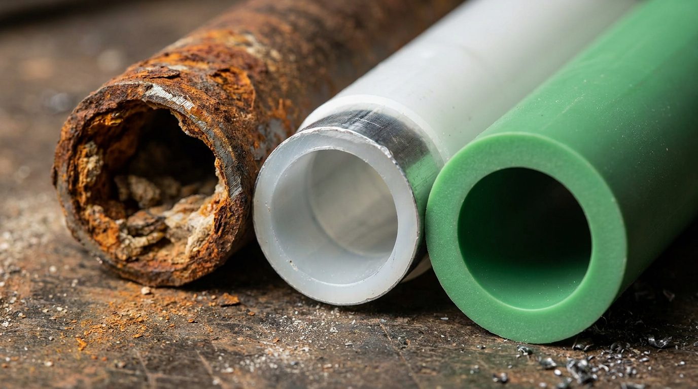 חתך רוחב של שלושה סוגי צינורות: ברזל עם חלודה, PEX רב-שכבתי, ו-PPR עבה וירוק, לצורך השוואה ויזואלית של החומרים.