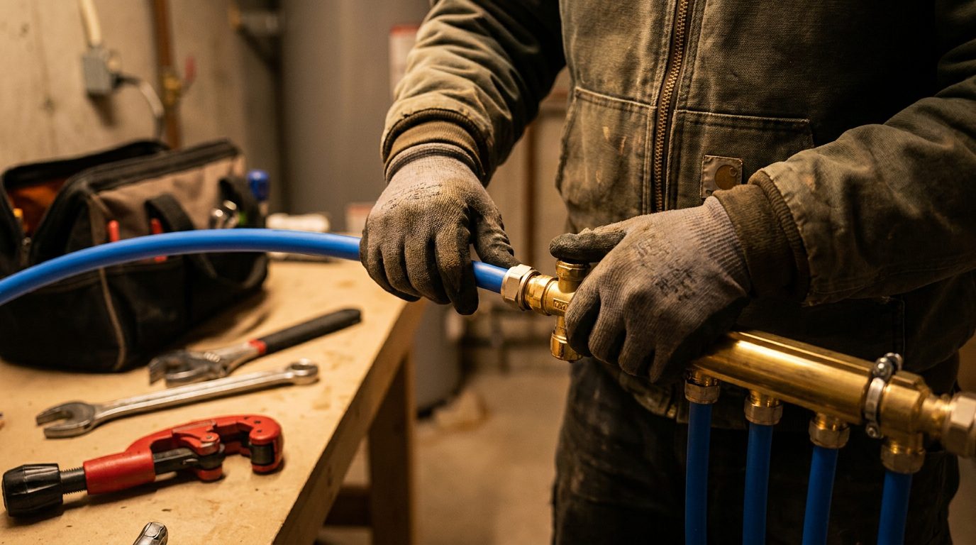 אינסטלטור מומחה מרכיב צנרת PEX כחולה על מחלק מים (חנוכייה), המדגים את שיטת העבודה המודרנית והאמינה.