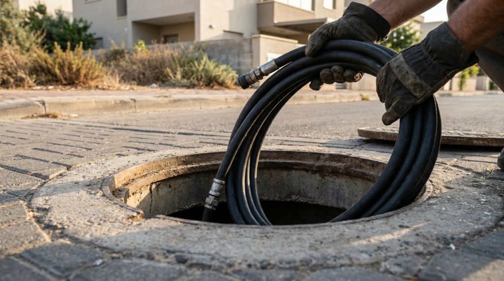 פתיחת סתימת ביוב במודיעין באמצעות צינור לחץ מים גבוה