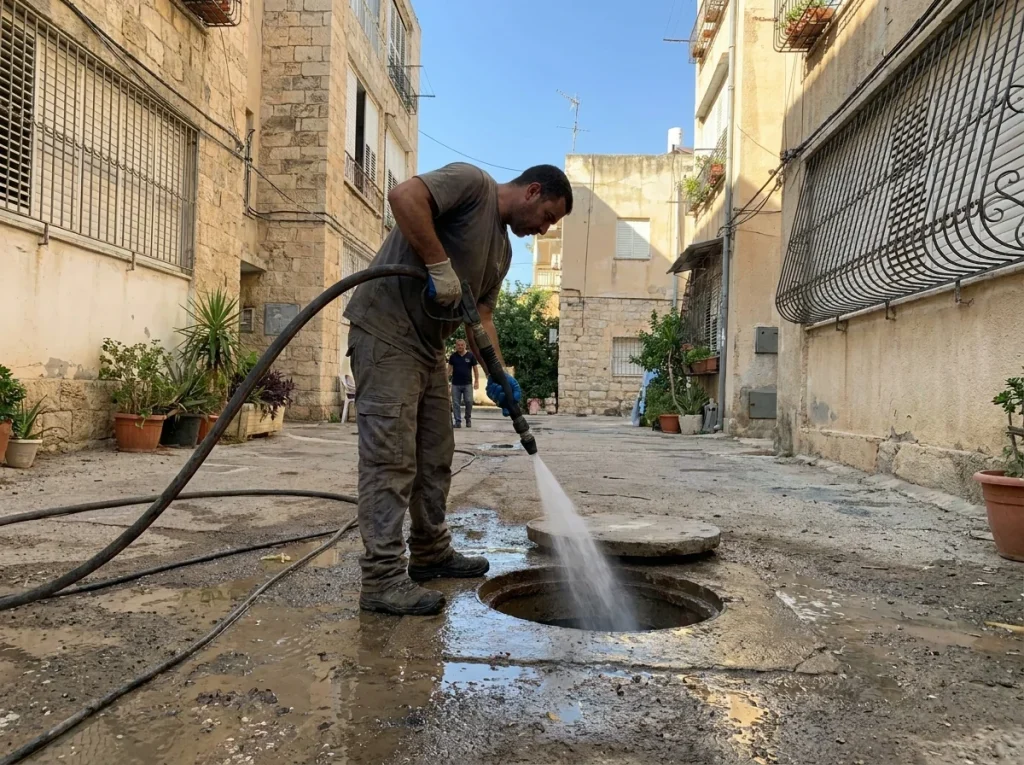 שטיפת קו ביוב בלחץ מים גבוה בחצר בניין בראשון לציון
