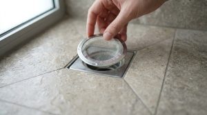 יד מניחה מסננת שיער מנירוסטה על פתח ניקוז במקלחת