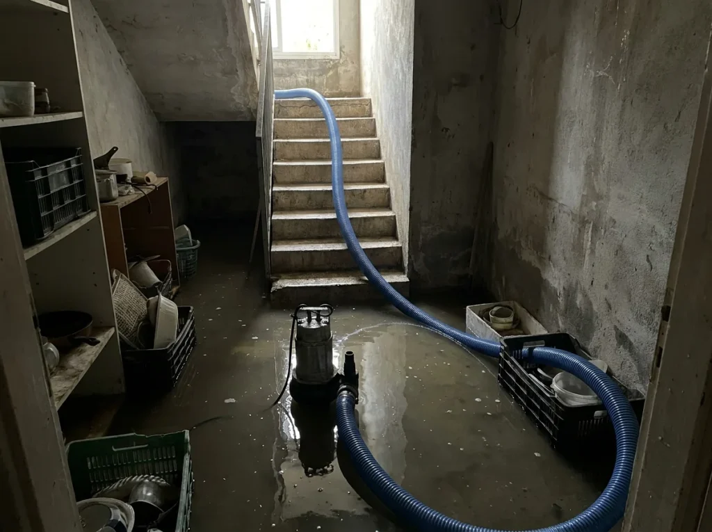 משאבה טבולה שואבת מים עומדים ממרתף שהוצף