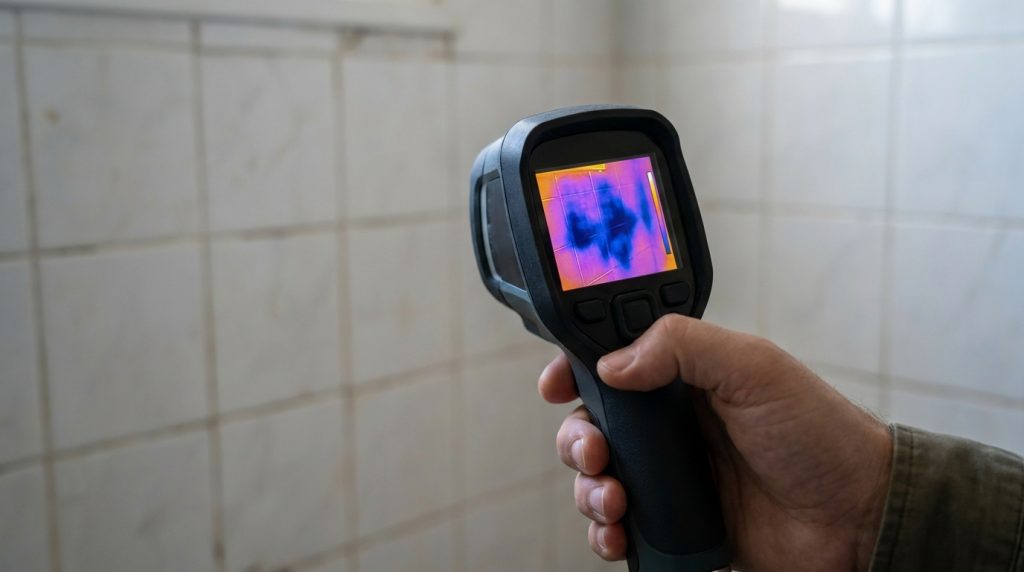 מצלמה תרמית לאיתור נזילות מציגה סימני רטיבות כחולים על קיר מקלחון