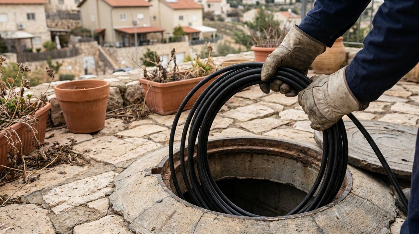 אינסטלטור מטפל בבור ביוב פתוח בחצר מדורגת של בית במבשרת ציון