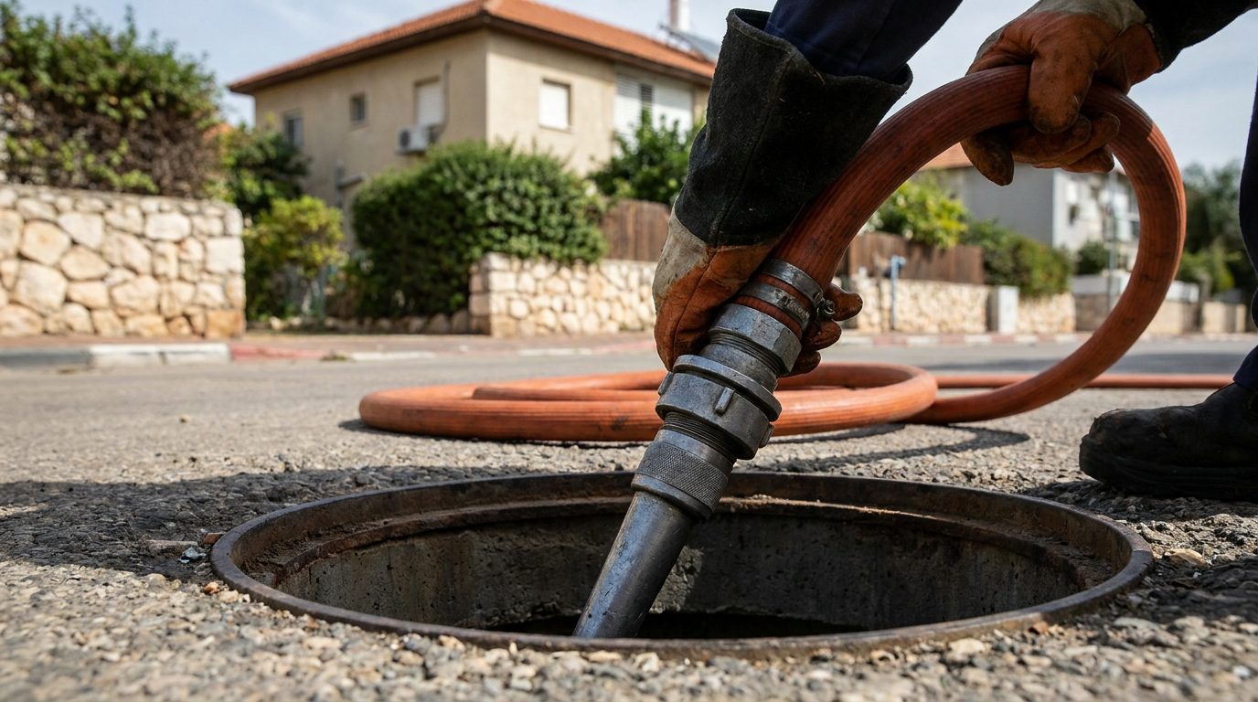 צינור ביובית בלחץ גבוה מוחדר לשוחת ביוב פתוחה ברחוב