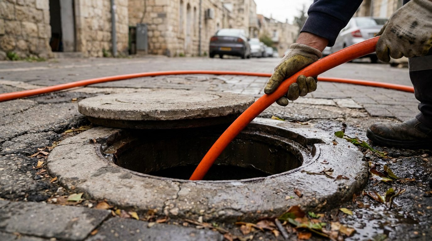 אינסטלטור מקצועי פותח סתימת ביוב ברחוב באמצעות ציוד מתקדם
