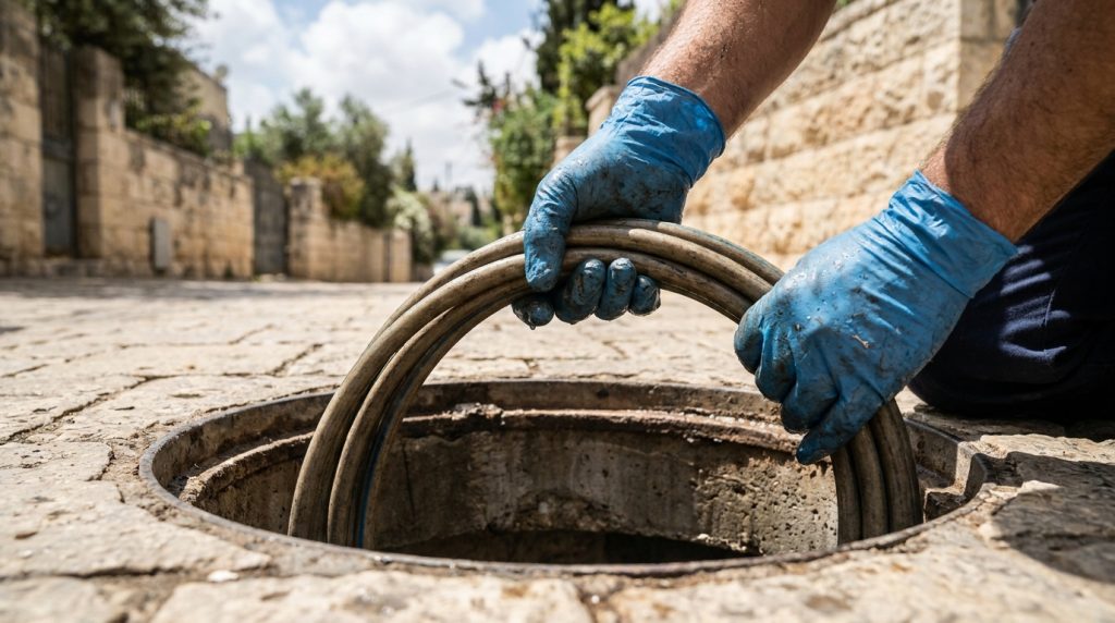 אינסטלטור מחדיר צינור בלחץ מים גבוה לפתח ביוב פתוח