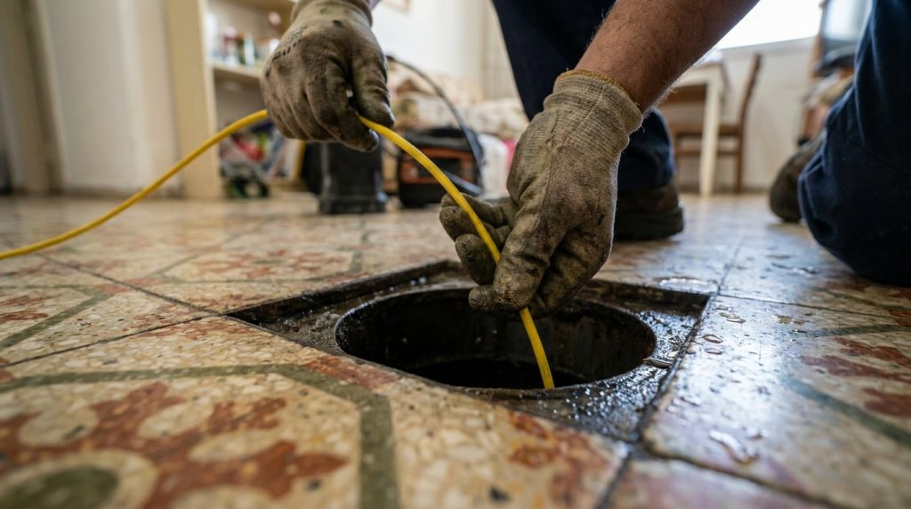 צינור בדיקה עם מצלמה מוחדר לפתח ניקוז ברצפת טרצו במבנה