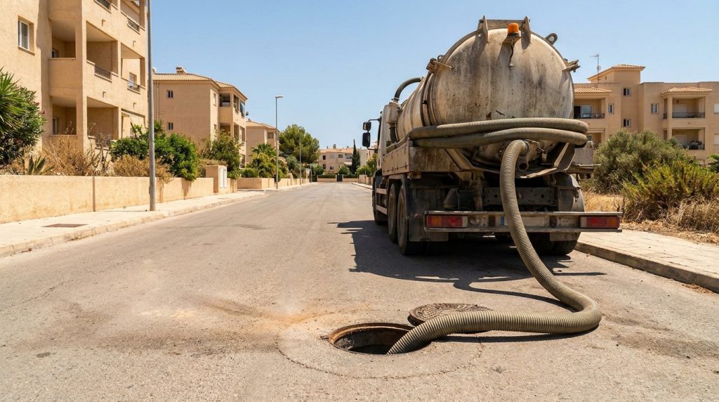 ביובית שואבת ביוב מתוך פיר פתוח בכביש עירוני