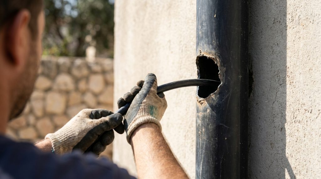 אינסטלטור מחדיר מצלמת סיב אופטי לתוך צינור מרזב חיצוני לאבחון סתימה
