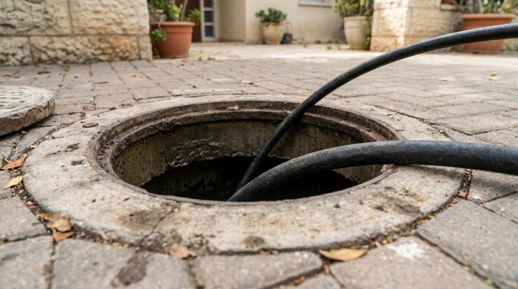 צינור קפיץ לפתיחת סתימות ביוב מוחדר אל בריכת ביוב פתוחה בחצר