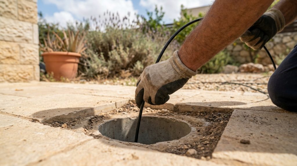אינסטלטור מחדיר מצלמה סיב אופטי לתוך צינור ביוב בחצר לצורך בדיקה
