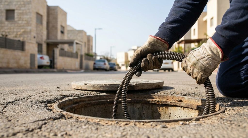 אינסטלטור משתמש בקפיץ פתיחת סתימות בתוך בריכת ביוב פתוחה ברחוב