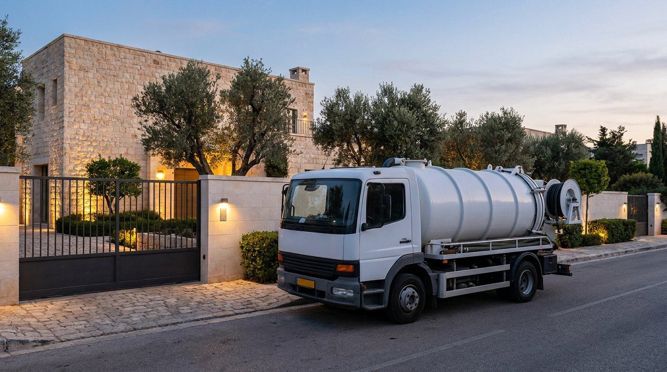 ביובית לבנה ללא שילוט חונה בשקט בשער של וילת אבן יוקרתית בשעת ערב