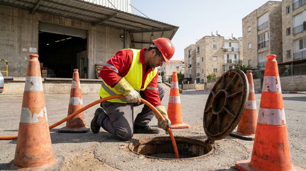 אינסטלטור עם ציוד בטיחות פותח סתימה בשוחת ביוב במפעל