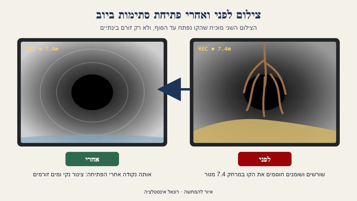 איור: מסך מצלמת ביוב לפני ואחרי פתיחת הסתימה – שורשים ושומנים מול צינור נקי