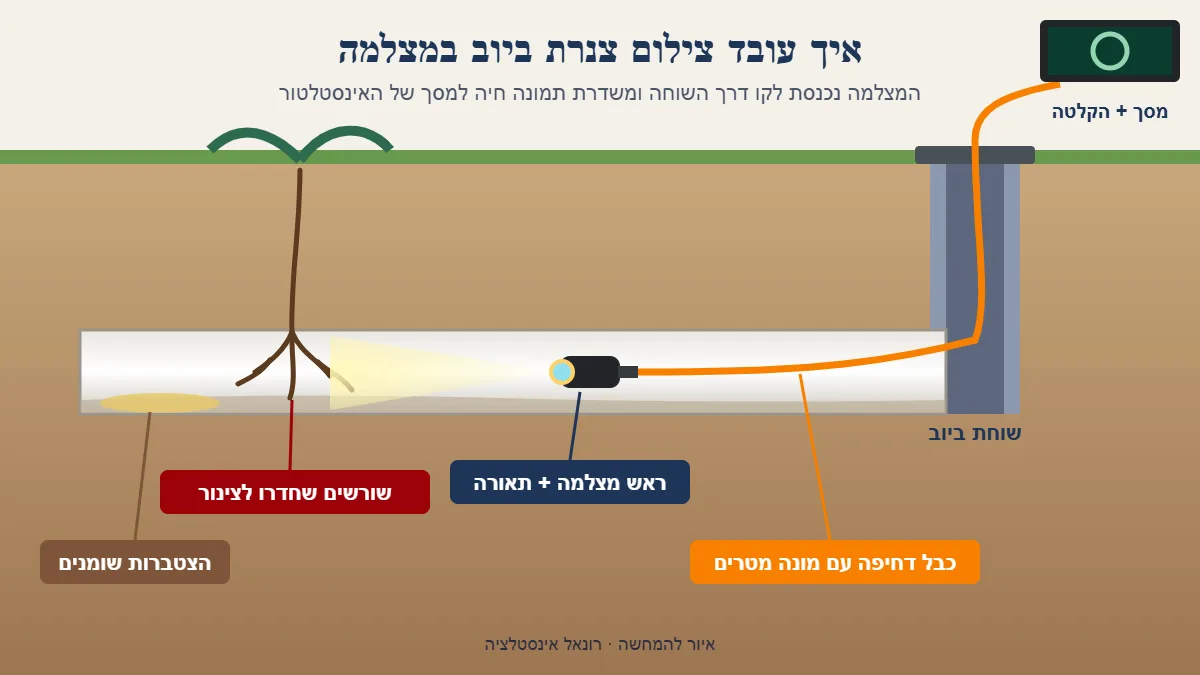 איור: מצלמת ביוב נכנסת לקו דרך השוחה ומזהה שורשים והצטברות שומנים בתוך הצינור